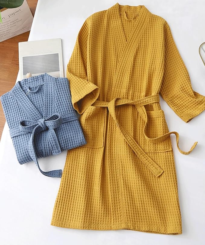 Men and Women 100% Cotton Waffle Bathrobe,Lightweight Soft Absorbent Kimono Robe,Couple Dressing Gowns Housecoat