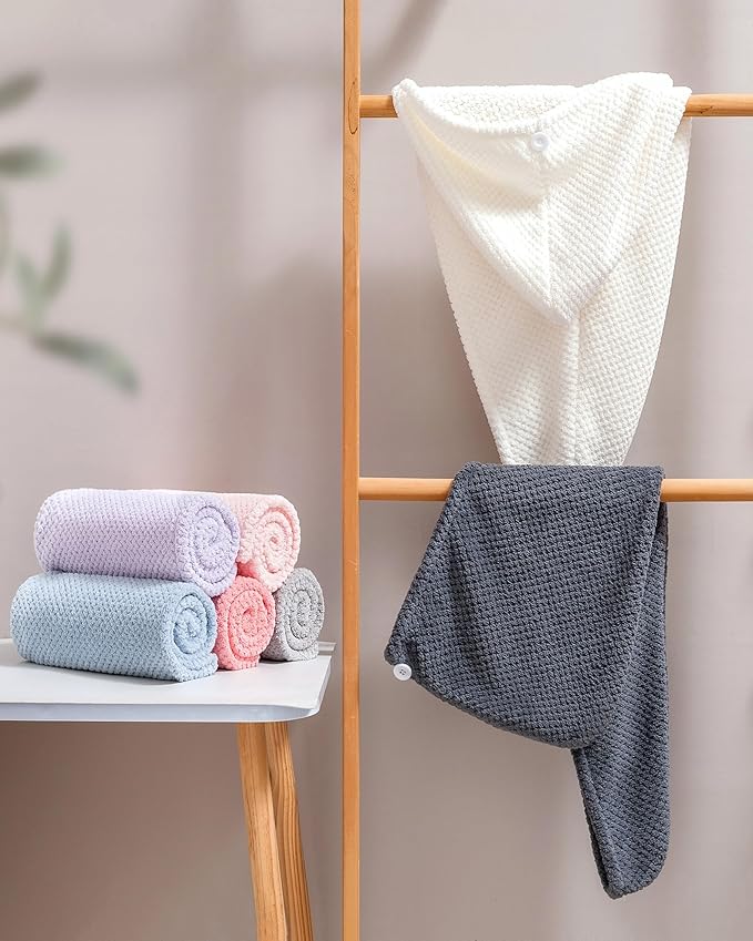 Lumimi Microfiber Hair Towel Wrap 4 Pack for Women Extra Absorbent Lightweight Turban with Button Bathroom Girl Friend Family Mom Gift(5 Colors C)