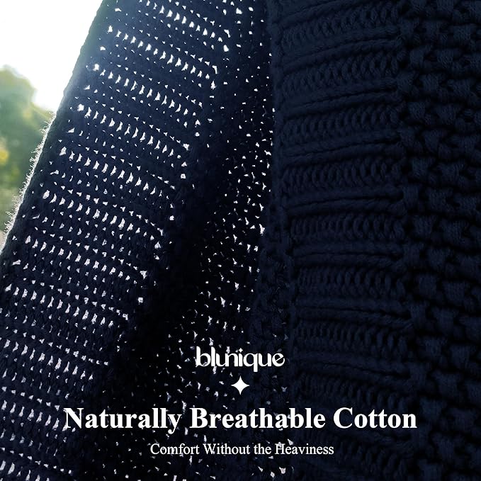100% Cotton Cable Knit Throw Blanket, Large Lightweight Soft Knit Blanket for Sofa Couch Bed, Breathable All-Season Throw, Cozy Decorative Blanket, 60 x 80 Inch,Navy