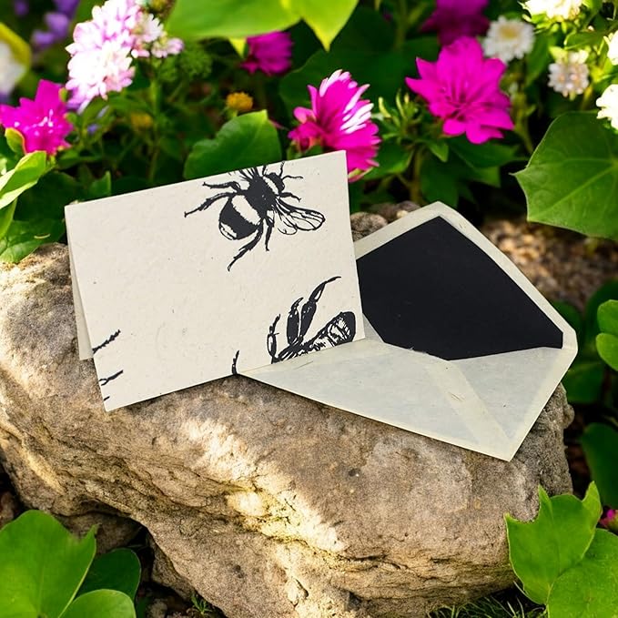 Kathmandu Valley Co. Nepali Cherish Greeting Card & Envelope Deluxe Box Set with Handmade Lokta Paper from Nepal, 25 Cards (Bees)