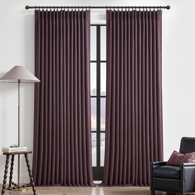 Purple Extra Long Pinch Pleated 108 Inch Curtains for Living Room 2 Panels Set, Black Out Memory Trained Two Layer Heavy Linen Thermal Sound Dampening Elegant Windows Drapes 9 FT Length Luxury Decor
