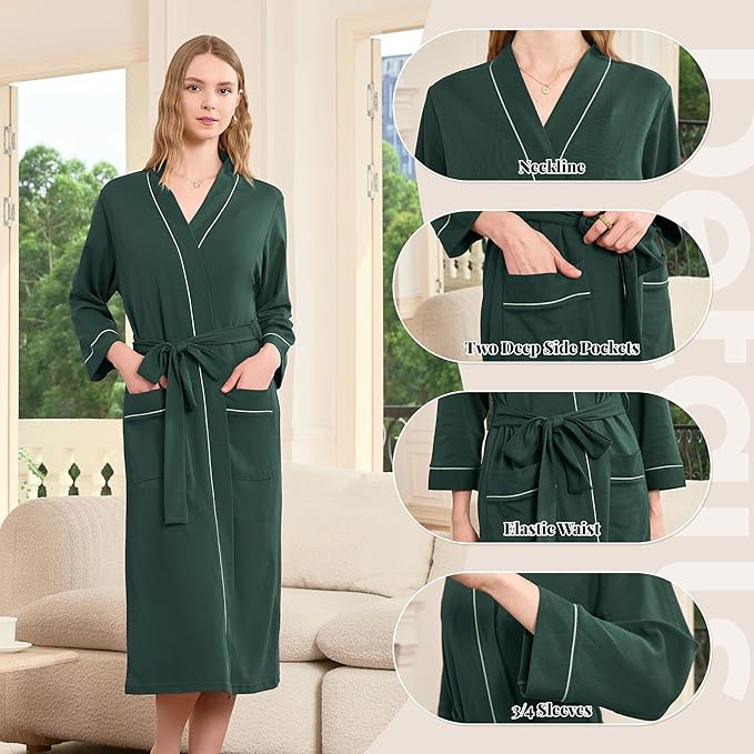 HEARTNICE Womens 100% Cotton Robe, Soft Kimono Spa Long Bathrobe Lightweight Loungewear