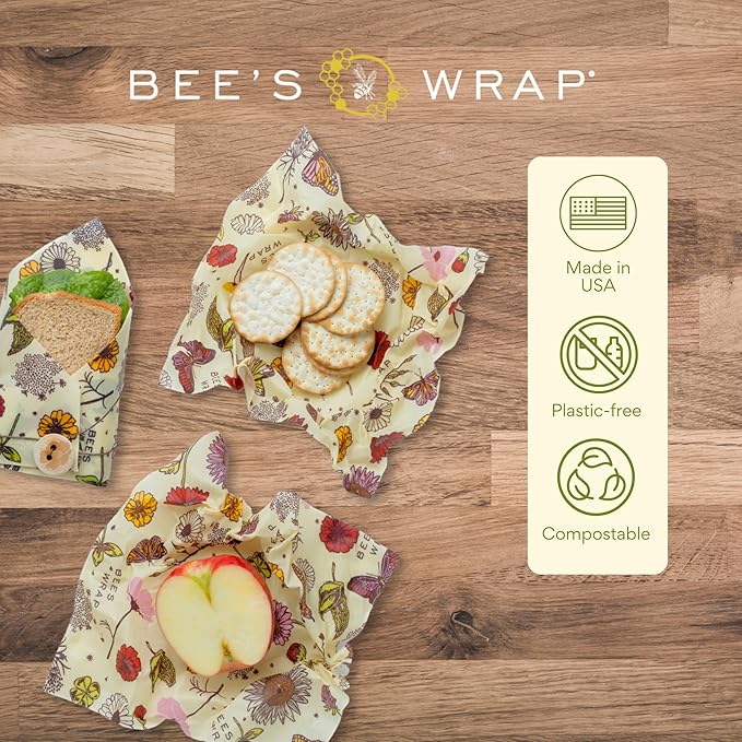 Bee's Wrap Beeswax Wraps for Food - 3 Pack of Medium Beeswax Wraps - Plastic Free Made in USA Reusable Natural Food Wrap - Meadow Magic Print