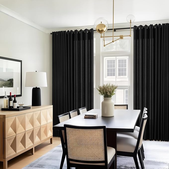 Black Linen Curtains 108 Inches Long 2 Panels for Living Room Divider Grommet Non-See-Through Drapes Neutral Modern Farmhouse Semi Sheer Window Curtains 108 Inch for Bedroom Sliding Door 9 Ft Tall