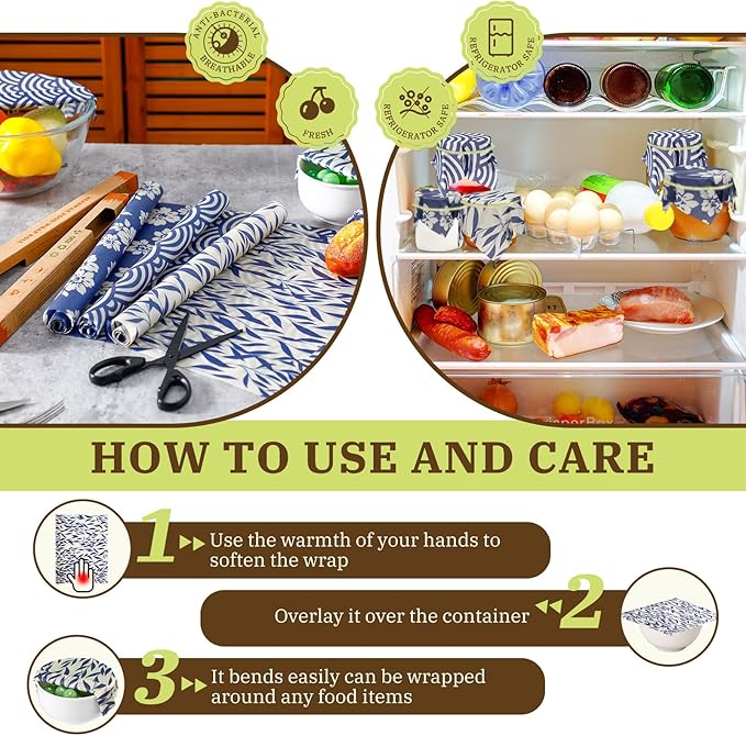 3 Rolls Reusable Beeswax Wraps for Food 13 x 40 Inches Bees Wax Wraps Reusable Food Storage Wrap Beeswax Paper Roll for Bread Sandwich Cheese Fruit Snacks(Vivid)
