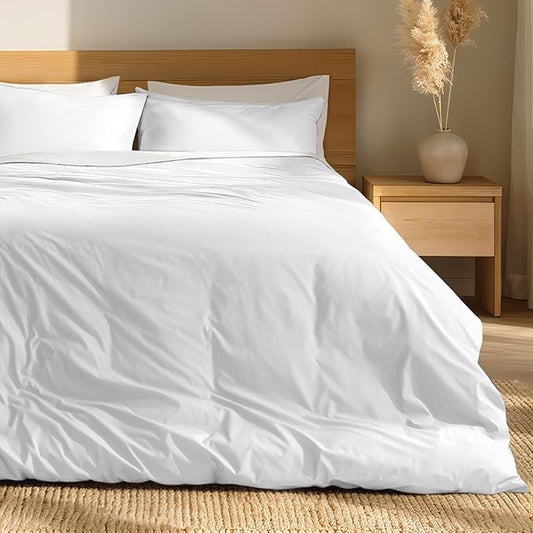 Bare Home 100% Organic Cotton Queen Duvet Cover Set - Crisp Percale Weave - Lightweight & Breathable - Cooling Duvet Cover Set (Queen, White)