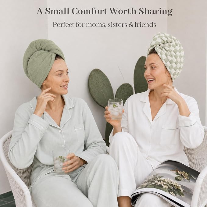 ROLSHOL Cotton Hair Towel Wrap for Women, 2 Pack 100% Cotton Hair Drying Towels for Long, Thick & Curly Hair, 32" x 11" Large Hair Turban for Wet Hair with Elastic Band (Green)