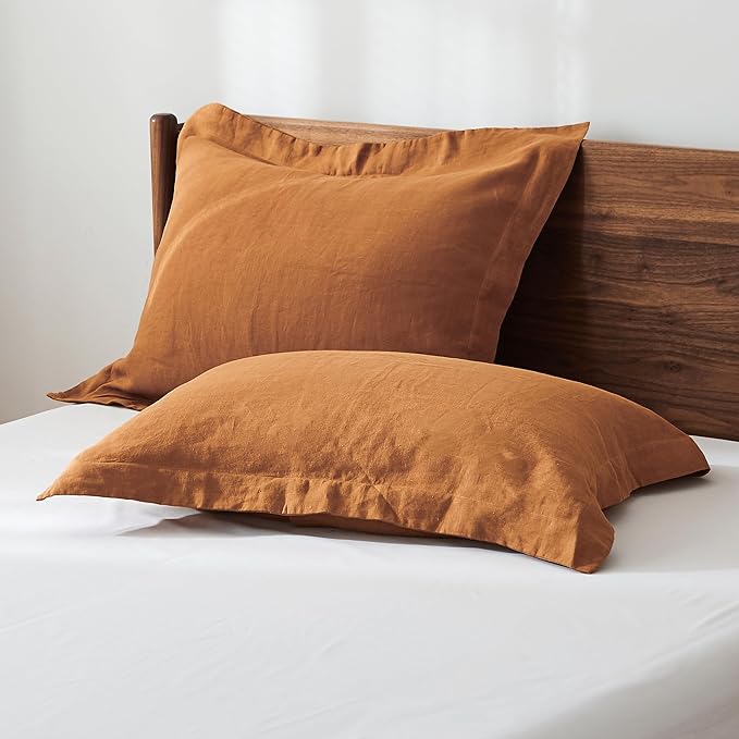 100% French Linen Pillow Shams Basic Style - Pack of 2 - Washed Solid Color Natural Flax Soft Breathable - Rust, 20'' x 26''