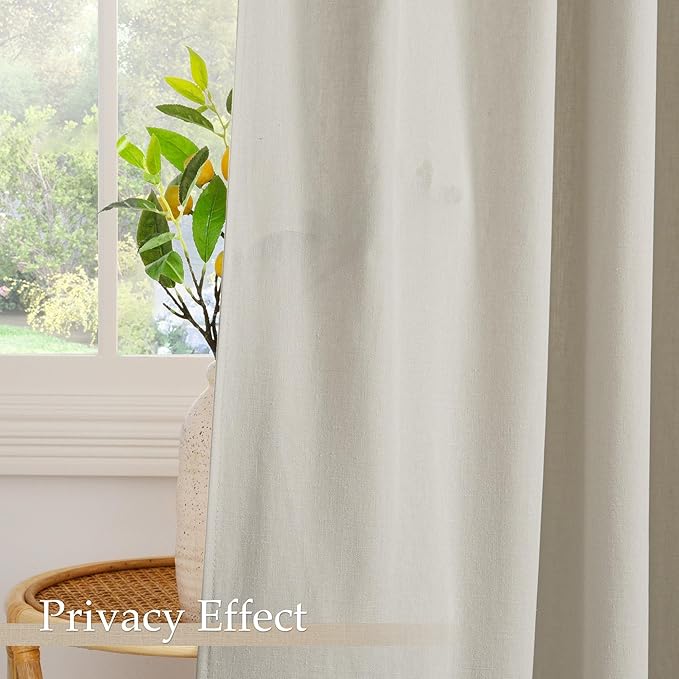 NICETOWN Beige Cotton Linen Curtains 84 inch Long 2 Panels Set, 55" Wide Flax Belgian Linen Blend Organic Privacy Window Drapes Rod Pocket & Back Tab with Light Filtering for Bedroom/Living Room