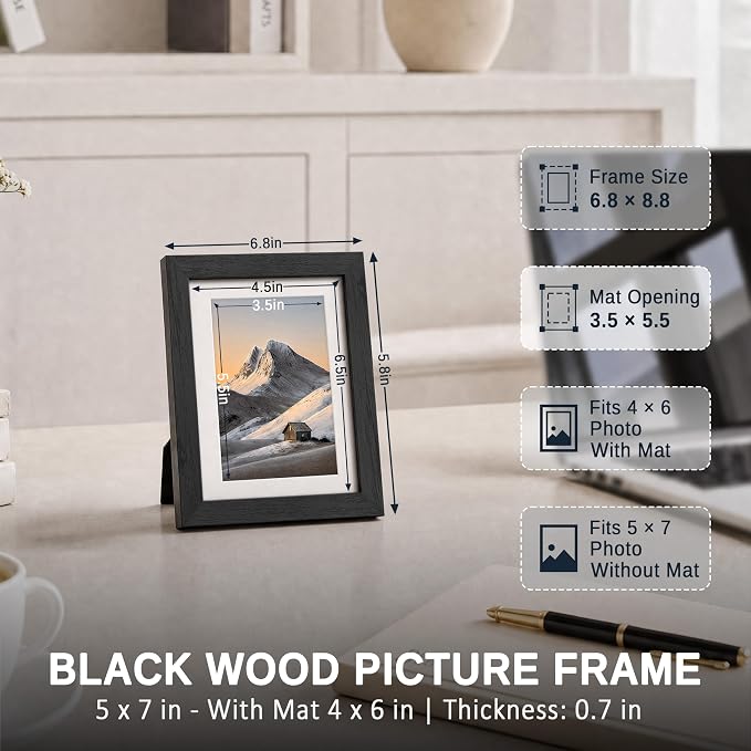 VCK 5x7 Picture Frame Black 3 Pack, Wide Border Solid Wood, Tempered Glass, Display 4x6 Photo with Mat or 5 x 7 without, for Home, Office, Gallery, Woodgrain Series, Tabletop & Wall Hanging