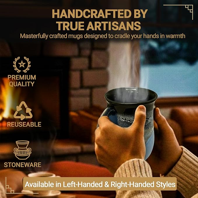 Clay in Motion Hand Warmer Coffee Mug – Handmade Coffee Mug With Comfortable Handle Contoured Pocket Hand Warming Ceramic Coffee Mug – Proudly Made in USA – Left Handed – 14 Oz - Pacific Chill