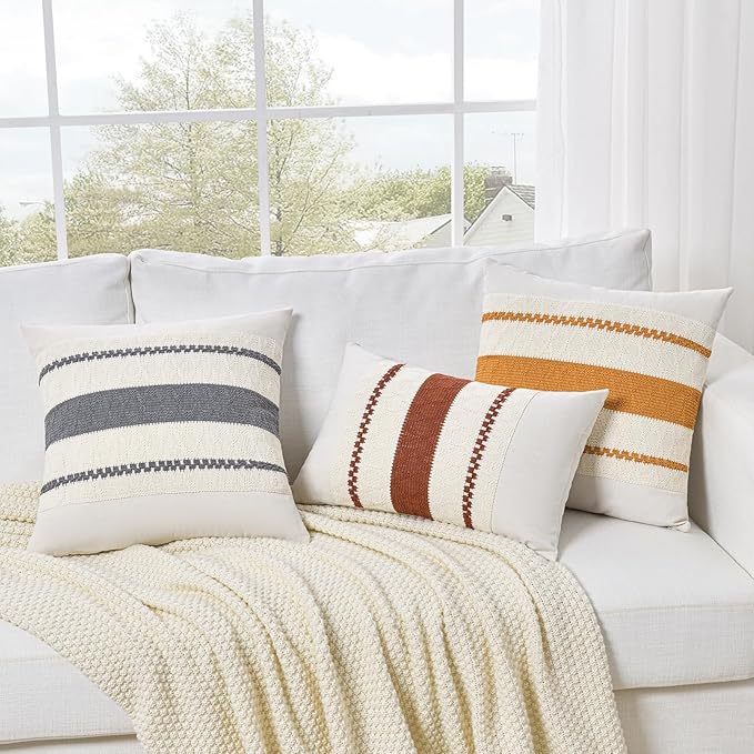 Fancy Homi Set of 2 Neutral Grey Farmhouse Lumbar Decorative Throw Pillow Covers 12x20 Inch for Couch Bed Chair, Vintage Country Rustic Retro Room Decor, Soft Thick Cotton Rectangle Cushion Case
