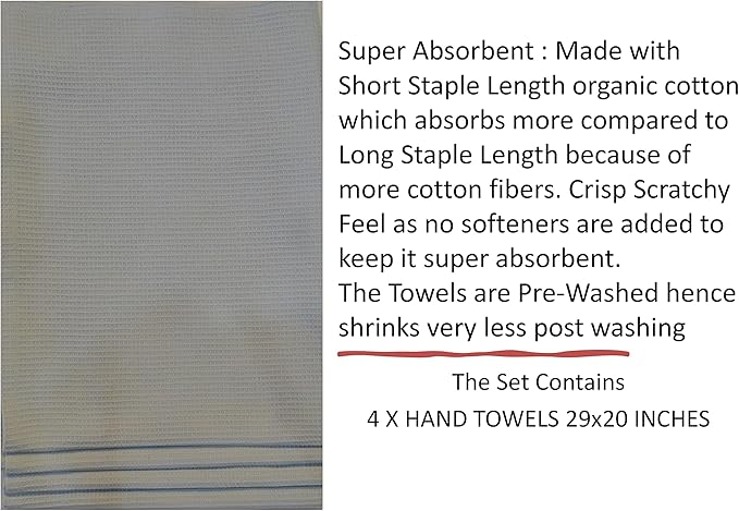 WAFFLE HAND TOWELS PACK OF 4, 20X29 INCHES, 100% NATURAL ORGANIC COTTON GOTS CERTIFIED (BLUE MIST) SUPER ABSORBANT & QUICK DRY, NO SOFTENERS, ENVIRONMENT FRIENDLY