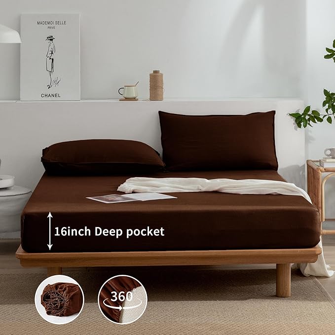 EVERLY Linen Sheets Set Full Size,100% French Stonewash Pure Linen Sheets Set,4Pieces (1Flat Sheet,1Fitted Sheet,2Pillowcase) Suitable for Hot Sleepers,Deep Pocket Natural Bedding Set-Chocolate