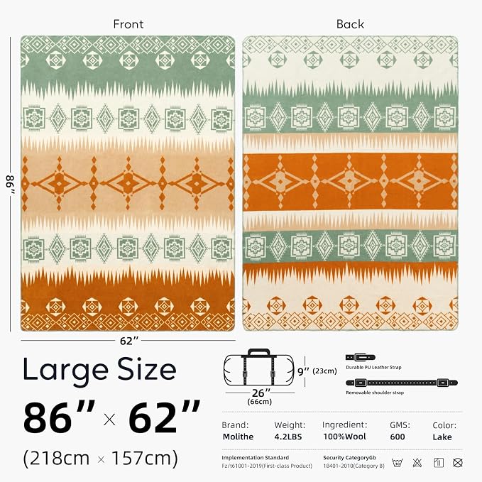 Molithe 100% Wool Blanket, 62" x 86", Warm, Thick, Washable, Military | Great for Camping, Outdoors, Sporting Events, Survival Kits Lake