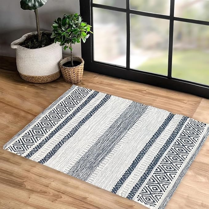 Chardin home Farmhouse Rug 24''x36'' Grey-Navy | Recycled Cotton Hand Woven Rug, Long Boho Rug | Perfect for Hallways, Kitchens, Bathroom, bedrooms, Meditation Yoga Mat | Machine Wash
