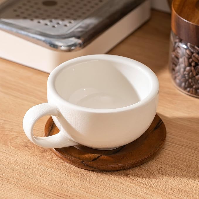 Crackle Glaze Ceramic Coffee Cup with Walnut Wood Saucer, 10oz White Latte Cappuccino Mug, Unique Handmade Cracked Exterior Glaze Espresso Coffee Mug Set for Home Café Office Cup and Saucer Set of 1