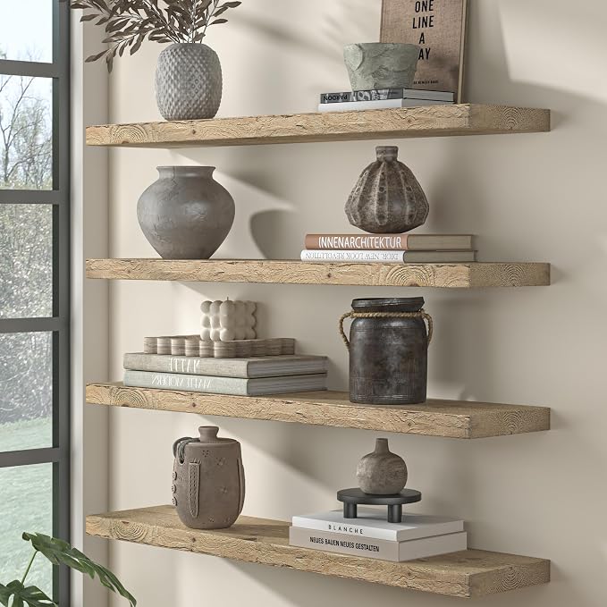 Fun Memories 30 Inch Reclaimed Wood Floating Shelves for Wall, 8 Inch Deep Rustic Farmhouse Wall Mounted Shelf with Invisible Brackets for Coffee Bar, Kitchen & Living Room, Natural
