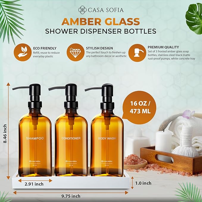 Amber Glass Shampoo and Conditioner Dispenser Set – Refillable 16 oz Pump Bottles with Concrete Tray – Luxury Bathroom Organization & Modern Shower Soap Dispensers