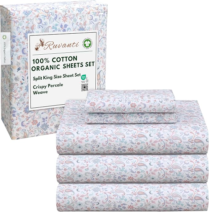 RUVANTI 100% Cotton Organic Percale Sheets Split King Size – Crisp Cooling Bed Sheets for Hot Sleepers, Deep Pocket 15”, Soft Peach Finish, Breathable & Durable Hotel-Style 5 Pcs, Multi Paisley
