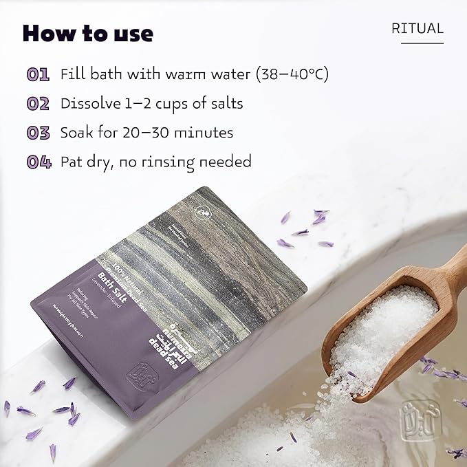 Dead Sea Salts for Soaking - Relaxing Salt Bath Soak for Body Rejuvenation - Natural Mineral Salts - Coarse Dead Sea Salt Bath Salts for Women & Men w/Lavender Infused Essential Oil (8.82 oz)