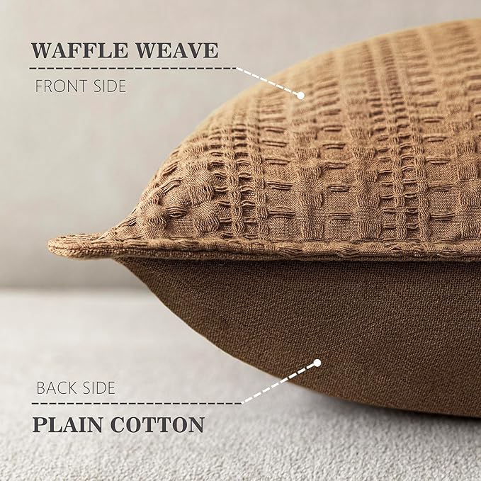 Foindtower Set of 2 Decorative Cotton Waffle Weave Lumbar Throw Pillow Covers Euro Shams Cushion Covers Accent European Pillowcase for Bed Couch Bedroom Living Room Home Decor 12×20 Inch Orange Brown