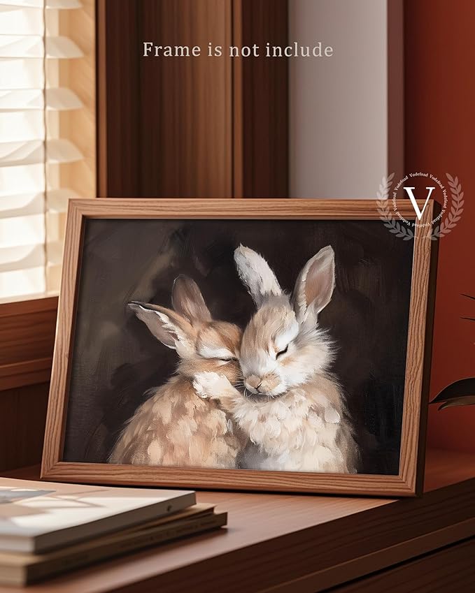 Vodefoad Hugging Rabbit Retro Vintage Canvas Wall Art Cute Rabbits Wall Art Oil Painting | Rabbit Friends | Antique Vintage Print | Bunny Poster | Nursery Decor - 8x10Inch Unframe