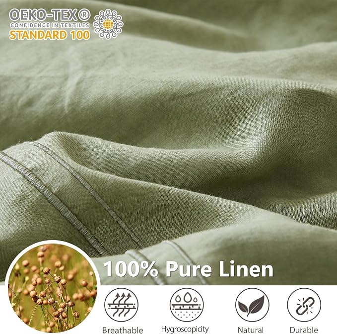 Simple&Opulence 100% Washed Linen Duvet Cover Set 88"x92" - 3 Pieces Soft Farmhouse Comforter Set Double Embroidered with Button Closure - 1 Duvet Cover and 2 Pillowshams (Sage Green, Queen)