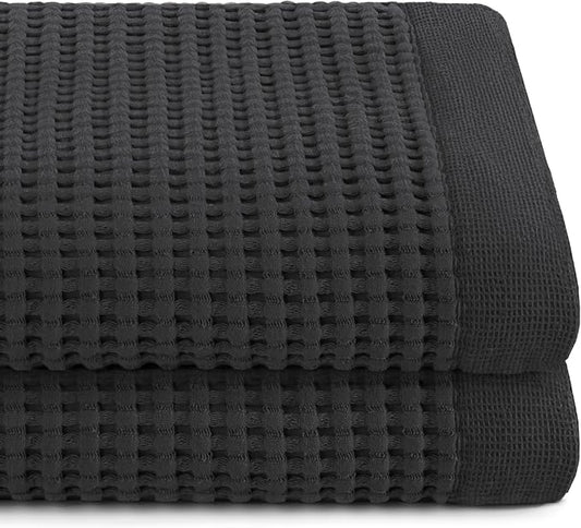 GILDEN TREE Waffle Towels for Bathroom Luxury 100% Cotton Bath Towels, Quick Dry Towel, Thin Super Absorbent Lint Free Shower Towels, Bath Towels Set of 2, Modern Style (Faded Black)