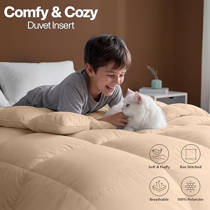 Utopia Bedding Twin Comforter Duvet Insert, Quilted Beige Comforter with Corner Tabs, Box Stitched Down Alternative Comforters Twin Size 64 x 88 inches