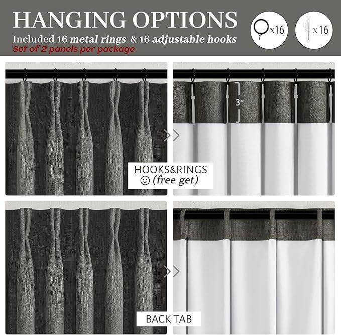 Memory Trained Pinch Pleated 96 Inch Viral Curtains for Living Room 2 Panels Set, Dark Grey Blackout Double Layer Linen Thermal Privacy Noise Reducing Elegant Windows Curtain for Kids Room 8 FT Length