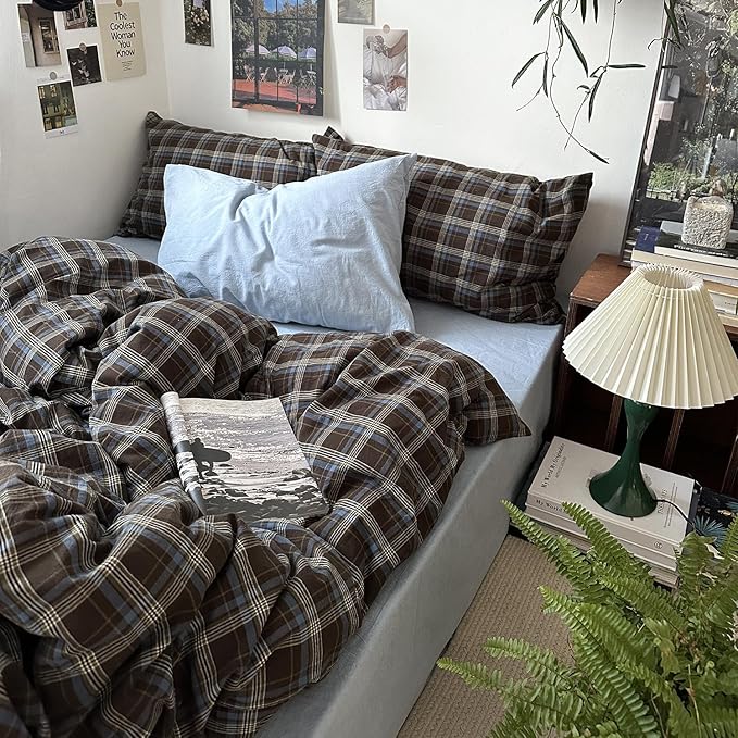 mixinni Vintage Buffalo Plaid Duvet Cover Set California King, 3 Piece Washed Cotton Bedding Set with Grid Pattern, Soft & Breathable Duvet Cover with Pillowcases for All Seasons,(Brown & Blue,Beige)