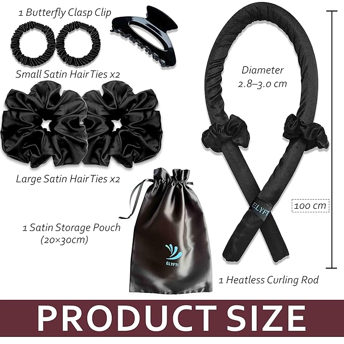 Heatless Curlers, No Heat Curls Overnight, Black Satin Flexi Rod with 6pcs Heatless Curling Set, 2 Scrunchies, 2 Hair Ties, Carry Pouch, Clip for Overnight Hair Curler (Black, All Size)