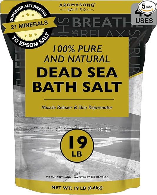 Aromasong Dead Sea Salt, Fine Grain Bath Salt Soak, 19 Lbs (5 x 19 lb. Bags) Bulk resealable Pack.