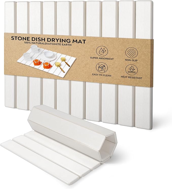 Large Stone Dish Drying Mat for Kitchen Counter ,Fast Drying Non-Slip Collapsible Dish Drying Mat ,Eco-Friendly Super Absorbent Diatomaceous Earth Mats for Dishes Bottles Cups Bathroom,24"(L)×16 (W)