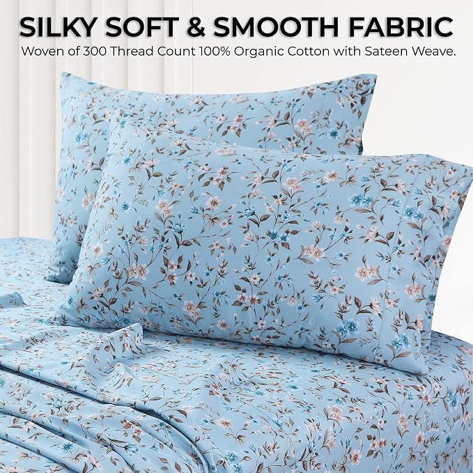 AZORES HOME Twin Organic Cotton Sateen Sheet Set - Deep Pocket, 300 Thread Count, 3-Piece Luxury Bedding, Carolina Blue