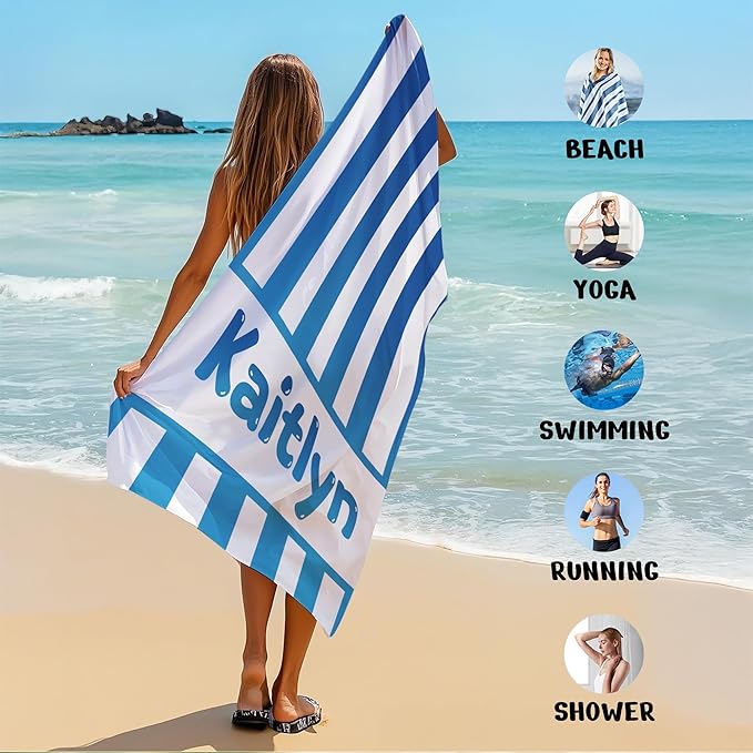 JML Personalized Beach Towel with Name, Custom Cabana Stripe Beach Towel, Customized Microfiber Pool Towel, Quick Dry & Absorbent Swim Towel for Adult,Mother's Day, Birthday, Summer Holiday,Vacation