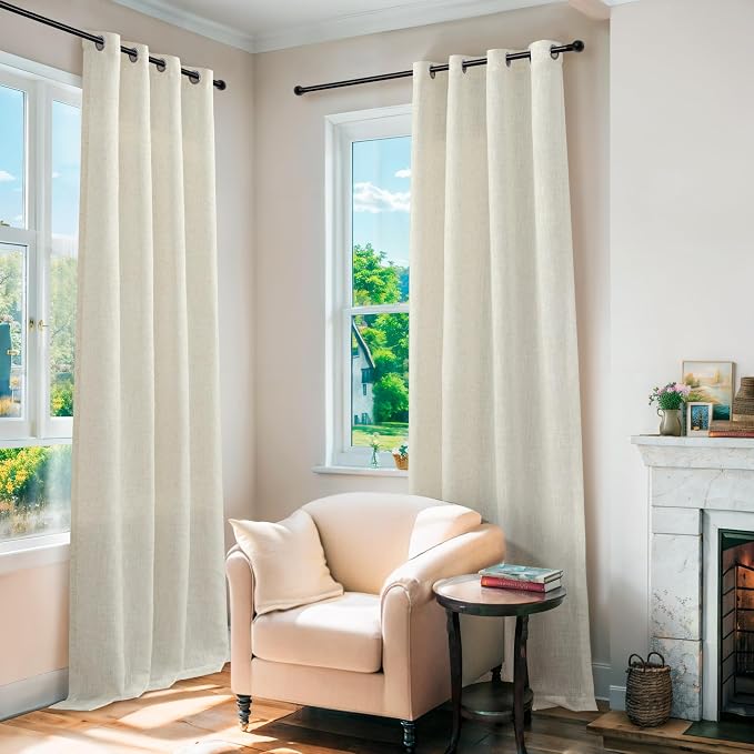 Linen Curtains & Drapes for Living Room 84 Inch Length 2 Panels Set Natural Flax Light Filtering Burlap Farmhouse Textured Neutral Country Rustic Window Semi Sheer Patio Door Curtain for Sliding Glass
