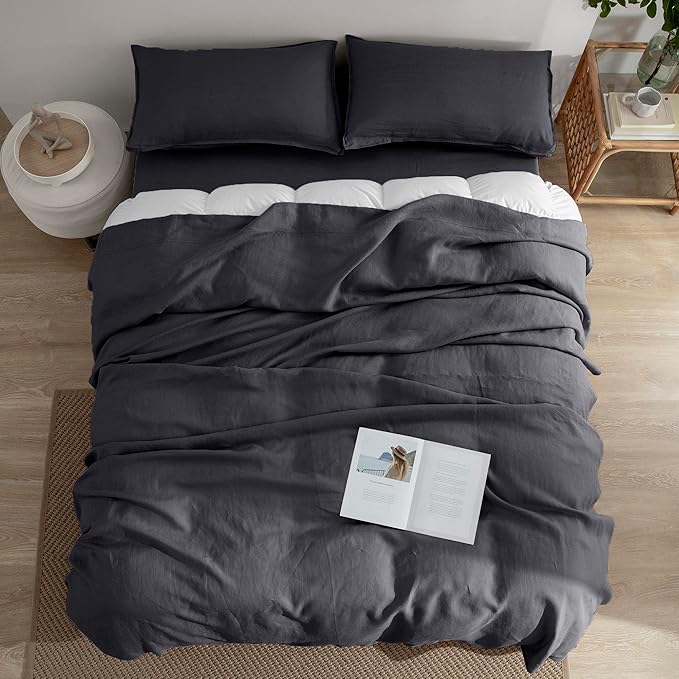 EVERLY Linen Sheets Set Full Size,100% French Stonewash Pure Linen Bed Sheets,4Pieces (1Flat Sheet,1Fitted Sheet,2Pillowcase) Suitable for Hot Sleepers,Deep Pocket Natural Bedding Set-Dark Grey