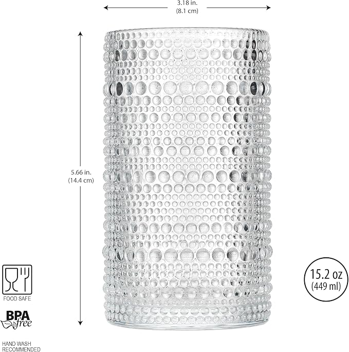 Glaver's Hobnail Drinking Glasses, Set of 4 Clear Vintage Beaded Glass Cups, 15 Oz. Cocktail Drinking Glassware Set, For Water Juice, Smoothies. Home, Dinner, Bar uses.