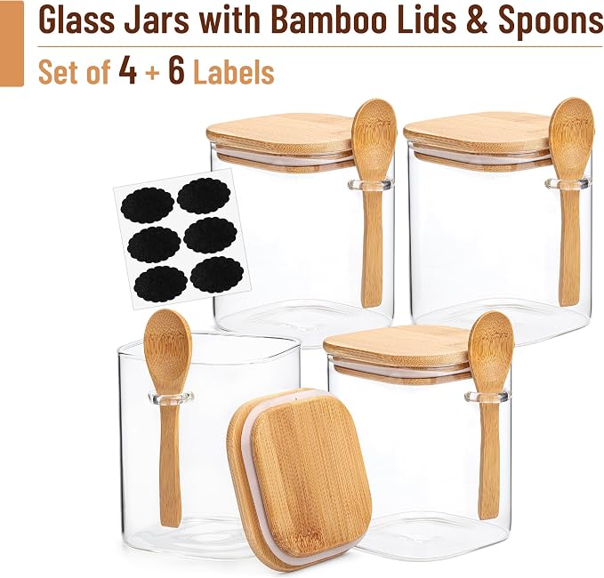 BAMBOO LAND- Glass Jars with Bamboo Lids and Spoons Set, 28 Oz, Set of 4, Glass Containers with Bamboo Lids Airtight for Loose Tea, Brown Sugar, Candy, Nuts