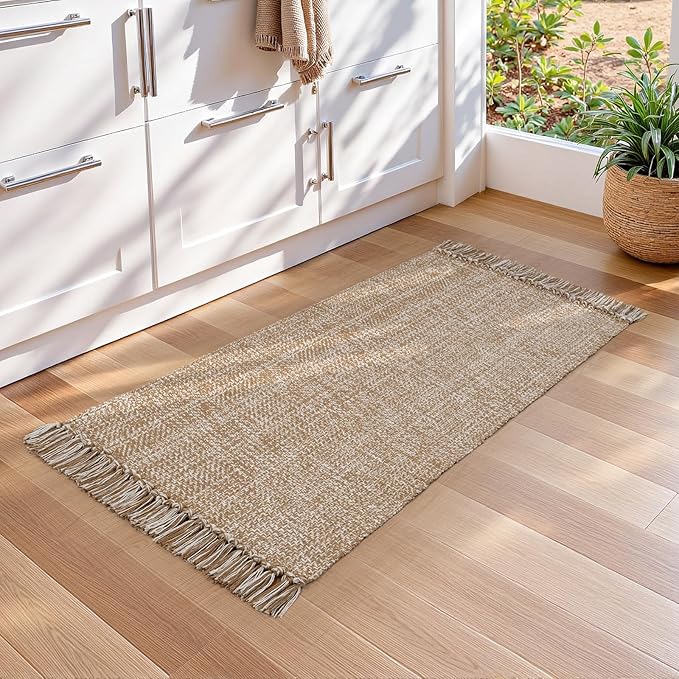 Collive Kitchen Runner Rug, 2' x 4.3' Modern Farmhouse Washable Entryway Door Mat, Tan Bathroom Carpet Hand Woven Reversible Indoor Outddor Rugs for Hallway Foyer Bedroom Decor