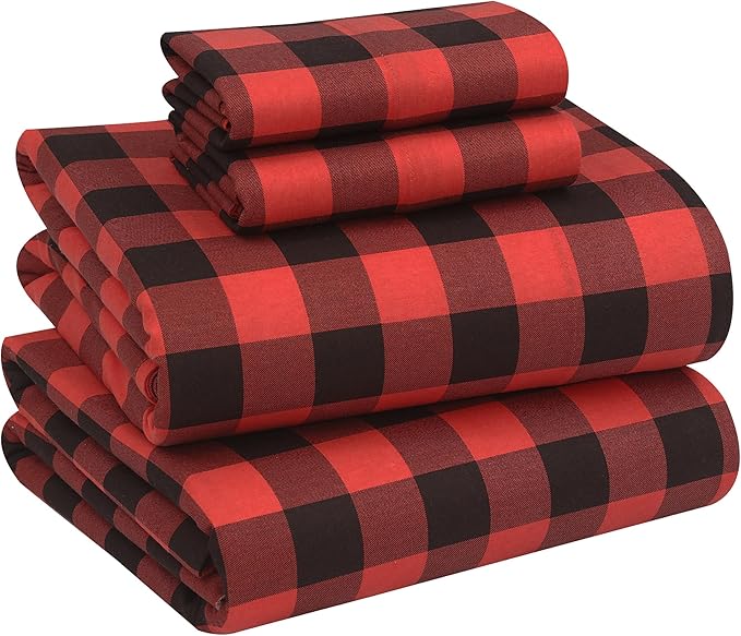RUVANTI Flannel Sheets King Size - 100% Cotton Double Brushed King Size Sheets Set - Deep Pockets 16 Inches Bed Sheets - All Seasons Breathable & Extra Soft - Warm & Cozy, 4 Piece, Red & Black Plaid