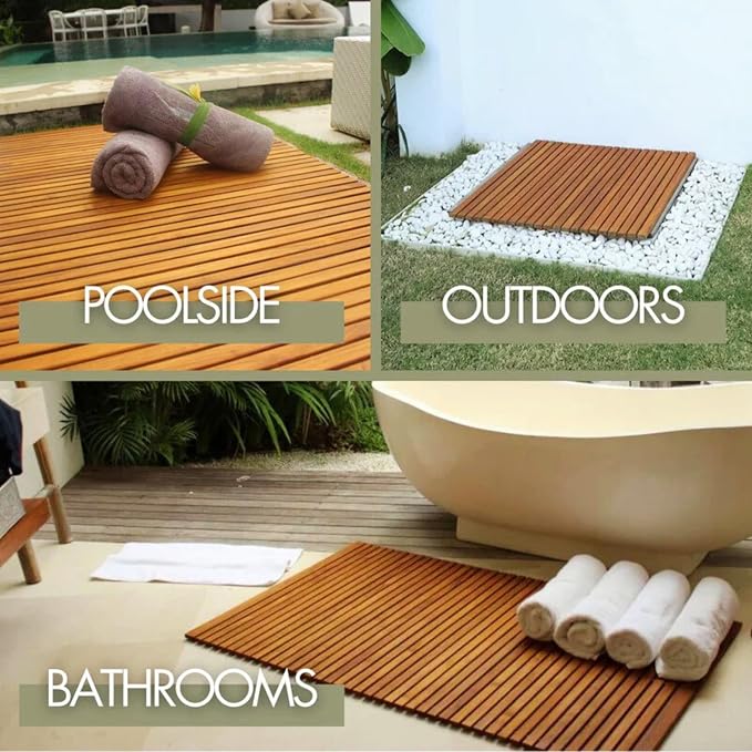 Nordic Teak 100% Solid Teak Wood String Mat - Indoor and Outdoor Use - Non-Slip Wooden Platform for Sauna, Pool, Hot Tub Flooring Decor and Protector (Natural Finish, 31.4" x 19.6")