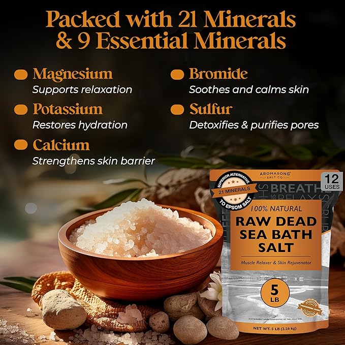 Aromasong Raw Dead Sea Salt for Soaking - Minimal Cleaned Bath Salt Soak - 10 Lbs (2 x 5 lb. Bags) Bulk Resealable Pack - Leaves Your Skin Softer Then Epsom Salt