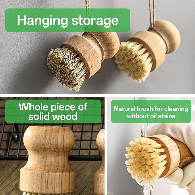 Bamboo Dish Brush Set, Natural Sisal Scrubber for Pots Pans Dishes with Tray, Eco Friendly Kitchen Brush 3 Pack