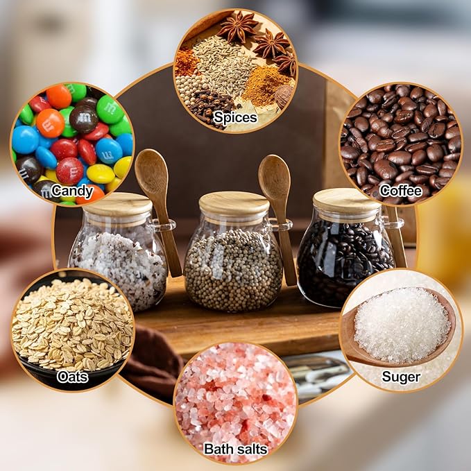 Airtight Glass Food Storage Jars with Bamboo Lid and Spoon - Wide Mouth Leak Proof Kitchen Canisters for Coffee Beans,Tea Leaves,Cereal,Flour,Nuts,and Pantry Organization (16oz 4PCS)