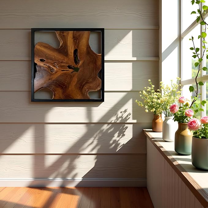Warmaxx Rustic Teak Wood Wall Art 27.8"L x 27.8"W x 2.3" Thickness Farmhouse Framed Wall Art Aesthetic Decoration Square Home Office Dorm Handmade Freeform Pattern Natural Wall Décor Living Room Bedroom Hallway