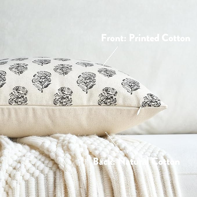 FIOUOVO Floral Vintage Throw Pillow Covers 24x24 Pillow Cover Block Print Decorative Cushion Covers Farmhouse Neutral Accent Home Décor for Sofa Couch Living Room Bedroom, 1PC, Charcoal Black