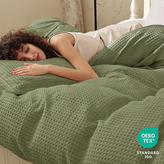 PHF Waffle Weave Duvet Cover Set King Size, No Snagging Ultra Soft Luxury Textured Breathable Comforter Cover for All Season 3pcs, Durable Bedding Duvet Set with 2 Pillow Shams, 104"x90", Olive Green